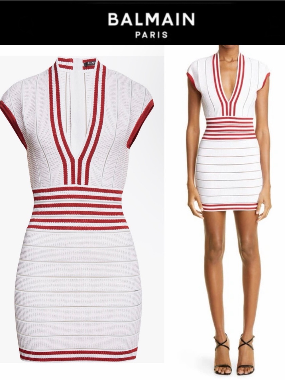 Balmain White Dress with Red Stripe V-Neck Mini Sz FR 34 US 2 NWT $3200